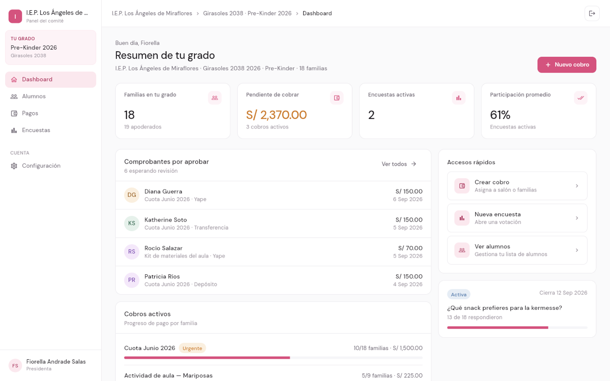 Panel web del comité: resumen del grado con métricas, comprobantes por aprobar y cobros activos
