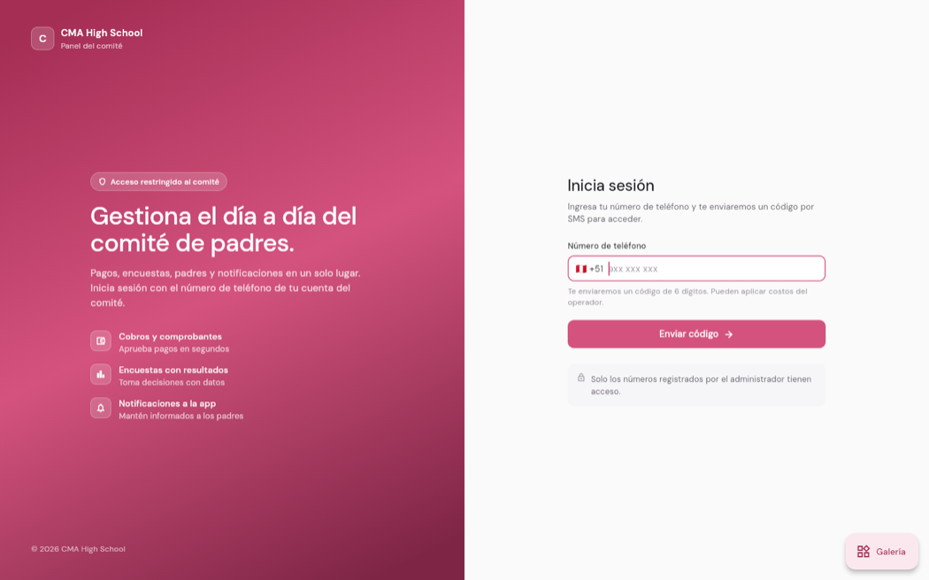 Pantalla de acceso del panel web: branding de AY Tribu y campo de número de teléfono