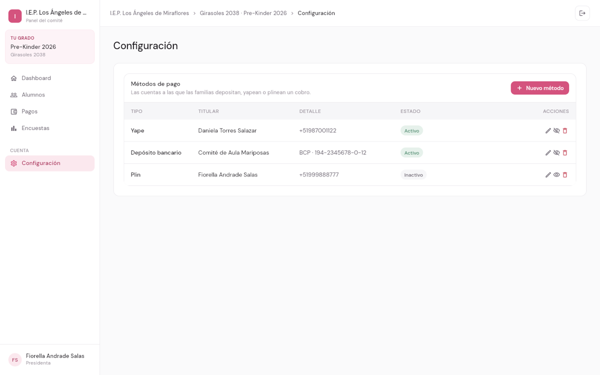 Métodos de pago configurados en el panel: Yape, Plin y cuenta bancaria