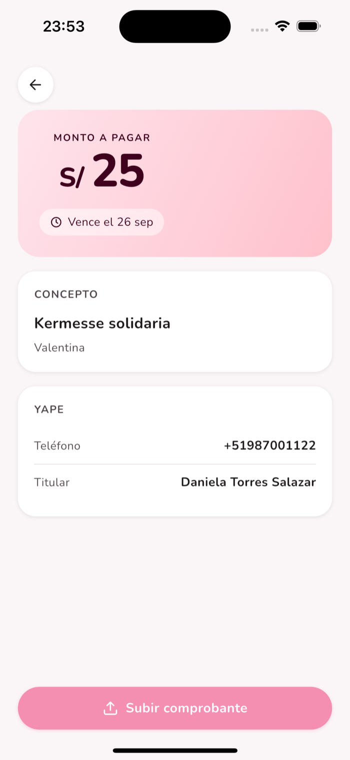 Detalle de un cobro en la app móvil con los datos de pago y el botón para subir el comprobante